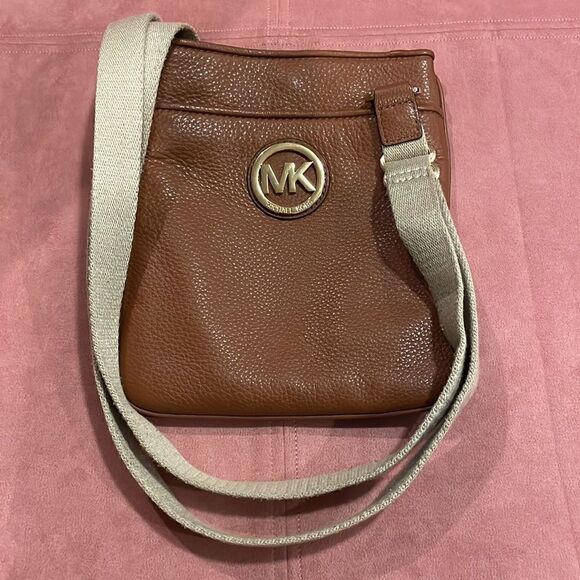 Authentic MK Michael Kors Fulton Tan Leather & Canvas Strap Crossbody Purse Bag - Picture 7 of 7